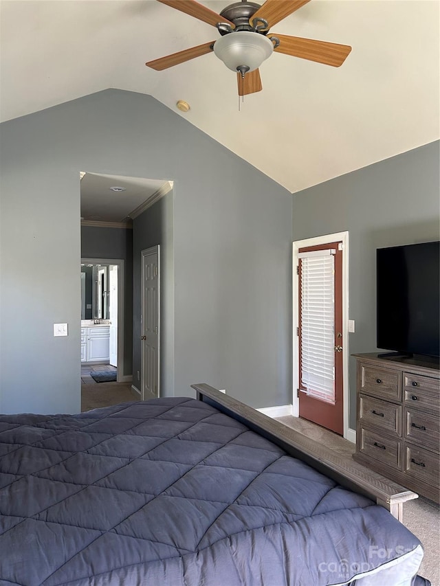 1327 Moonshadow Ln, Shelby, NC 28150 - bedroom with carpet flooring, vaulted ceiling, baseboards, and ceiling fan