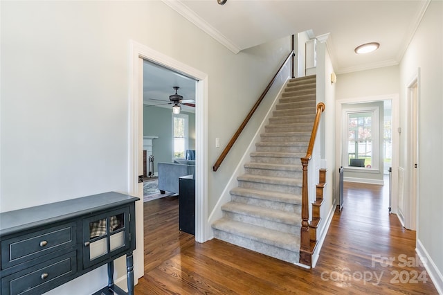 stairway with ceiling fan, hardwood / wood-style floors, and a healthy amount of sunlight