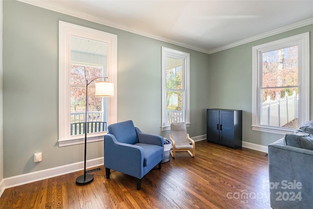 sitting room with dark hardwood / wood-style floors and ornamental molding