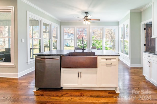 kitchen with white cabinetry, dishwasher, ceiling fan, sink, and dark hardwood / wood-style flooring