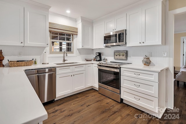 kitchen featuring white cabinets, sink, ornamental molding, dark hardwood / wood-style flooring, and stainless steel appliances