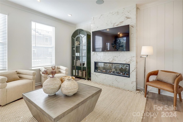 living room with plenty of natural light, a premium fireplace, ornamental molding, and light hardwood / wood-style flooring