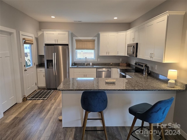 kitchen featuring a healthy amount of sunlight, dark hardwood / wood-style flooring, sink, and appliances with stainless steel finishes