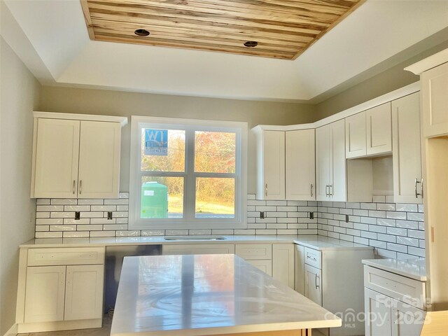 kitchen featuring white cabinetry, backsplash, a raised ceiling, a sink, and dishwasher