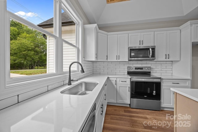 kitchen with light countertops, tasteful backsplash, a sink, dark wood finished floors, and appliances with stainless steel finishes