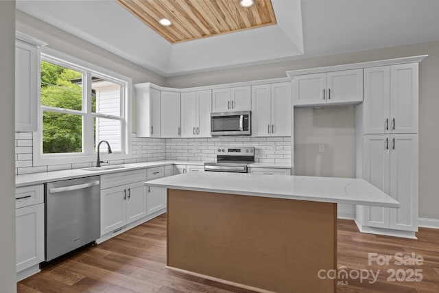 kitchen with recessed lighting, white cabinets, a tray ceiling, a sink, and stainless steel appliances