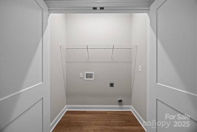 laundry room with baseboards, hookup for an electric dryer, washer hookup, and dark wood-type flooring