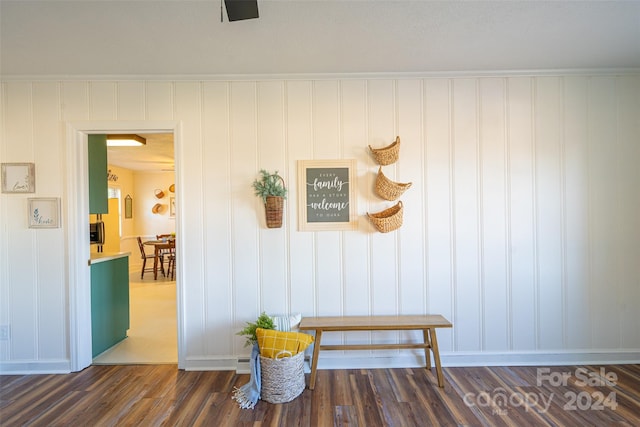 interior space featuring wood-type flooring and ornamental molding