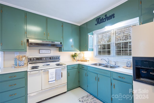 kitchen with sink, light tile patterned floors, white appliances, and ornamental molding