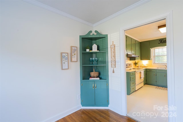 interior space featuring electric range oven, crown molding, sink, hardwood / wood-style floors, and green cabinets