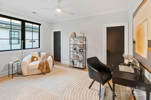 office space featuring light wood-type flooring, ceiling fan, and ornamental molding