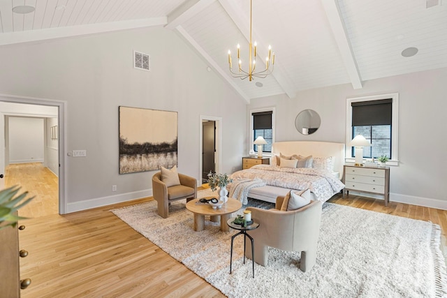 bedroom with hardwood / wood-style flooring, a notable chandelier, beamed ceiling, and high vaulted ceiling