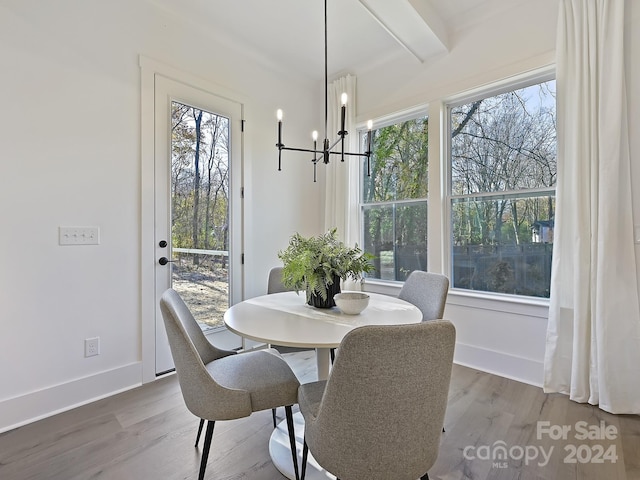 dining room featuring beam ceiling, wood-type flooring, and a chandelier