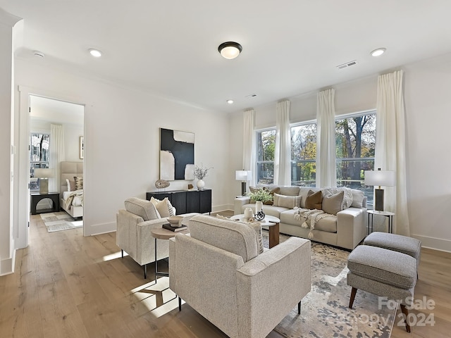 living room with light hardwood / wood-style flooring