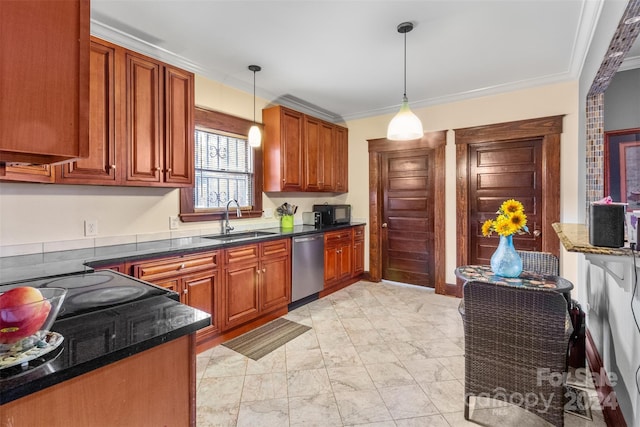 kitchen with dishwasher, ornamental molding, sink, and decorative light fixtures