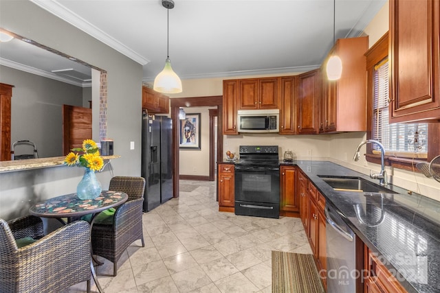 kitchen with dark stone counters, ornamental molding, sink, black appliances, and hanging light fixtures