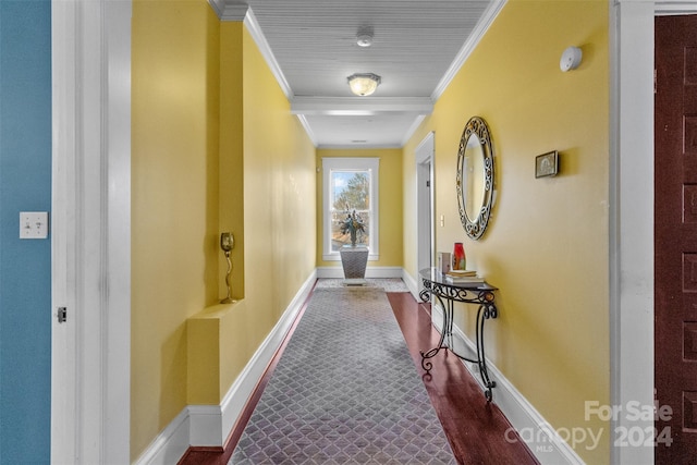 corridor featuring dark hardwood / wood-style floors and ornamental molding