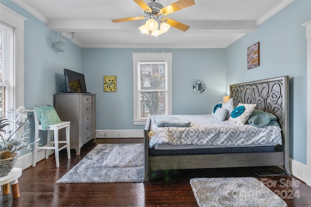 bedroom featuring beam ceiling, ceiling fan, crown molding, and dark hardwood / wood-style floors