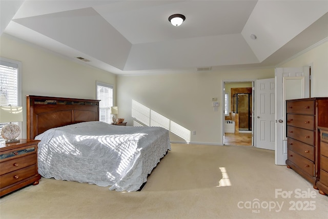 bedroom with multiple windows, light carpet, and a tray ceiling