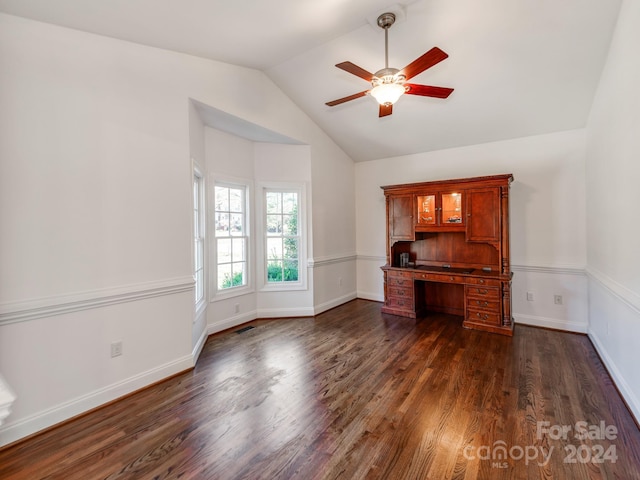 interior space with dark hardwood / wood-style flooring, ceiling fan, and lofted ceiling