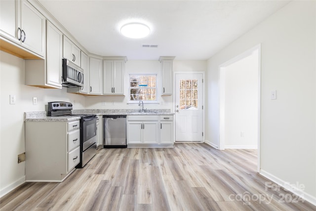 kitchen featuring white cabinetry, sink, light wood-type flooring, and appliances with stainless steel finishes