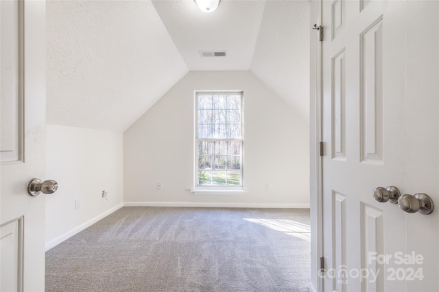 bonus room featuring a textured ceiling, carpet, and lofted ceiling