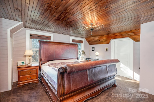 bedroom with wood ceiling, wooden walls, a chandelier, vaulted ceiling, and dark carpet