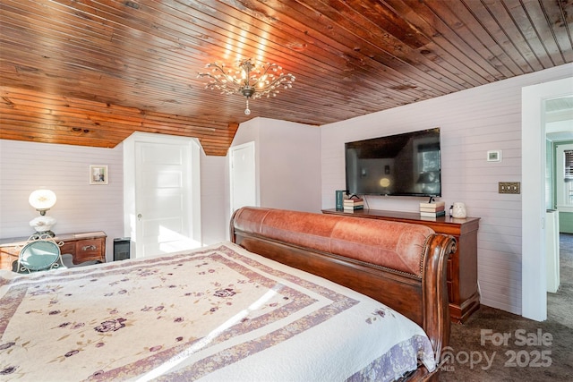 bedroom featuring a chandelier, wood ceiling, carpet, and wood walls