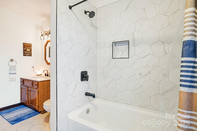 full bathroom with tile patterned flooring, shower / bath combo with shower curtain, vanity, and toilet