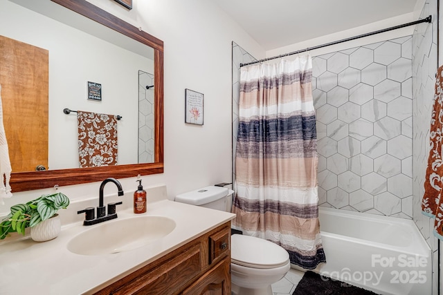 full bathroom featuring toilet, vanity, and shower / bath combination with curtain