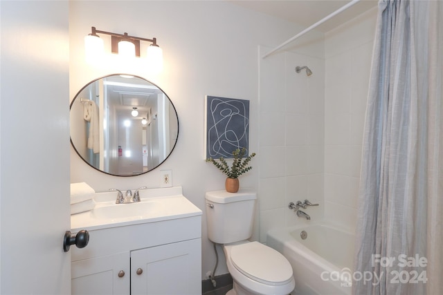 full bathroom with vanity, toilet, and shower / bathtub combination with curtain