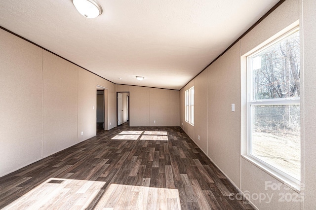 unfurnished room with crown molding, plenty of natural light, and dark hardwood / wood-style flooring