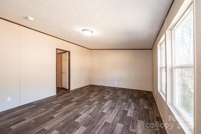 unfurnished room with crown molding, a textured ceiling, and dark hardwood / wood-style flooring