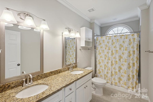 full bathroom with vanity, shower / bath combo with shower curtain, crown molding, tile patterned flooring, and toilet