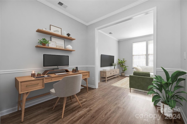 home office with crown molding and dark wood-type flooring