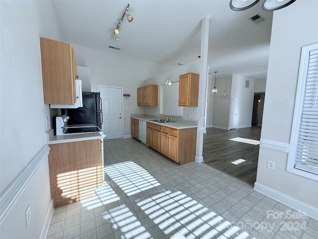 kitchen with stove, track lighting, sink, light hardwood / wood-style flooring, and dishwasher