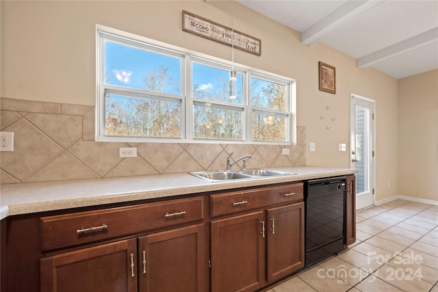 kitchen featuring dishwasher, sink, decorative backsplash, light tile patterned floors, and beam ceiling