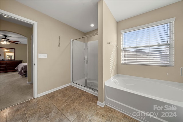 bathroom featuring separate shower and tub, ceiling fan, and tile patterned floors