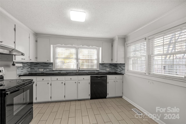 kitchen featuring sink, white cabinetry, a wealth of natural light, and black appliances