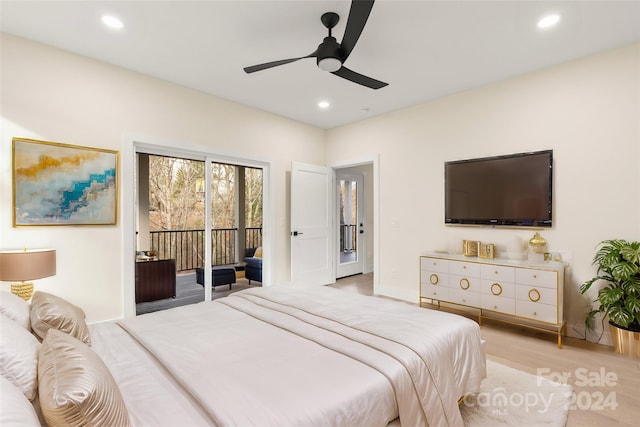 bedroom with access to outside, light hardwood / wood-style flooring, and ceiling fan