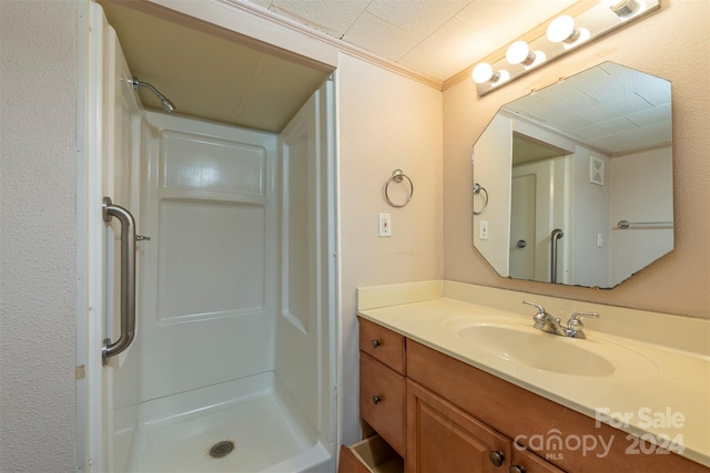 208 Dogwood Ln, Black Mountain, NC 28711 - bathroom featuring vanity, walk in shower, and ornamental molding