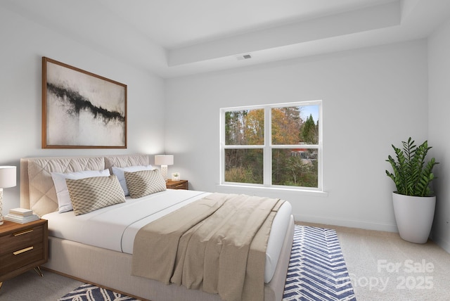 carpeted bedroom with a raised ceiling