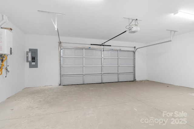 garage with a garage door opener, electric panel, and water heater