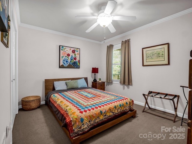 bedroom featuring carpet floors, ornamental molding, and ceiling fan