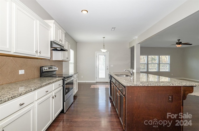 kitchen featuring dark hardwood / wood-style flooring, plenty of natural light, a kitchen island with sink, and stainless steel electric range