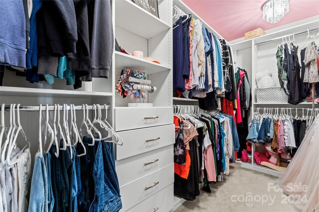 walk in closet featuring light colored carpet