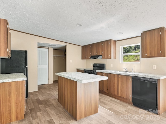 20 Windy Mountain Ln Unit 1, Hendersonville, NC 28792 - kitchen featuring black appliances, a sink, light wood-type flooring, under cabinet range hood, and a textured ceiling