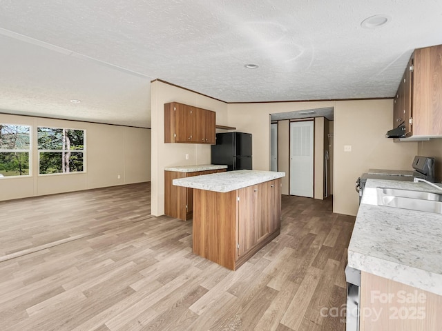 20 Windy Mountain Ln Unit 1, Hendersonville, NC 28792 - kitchen with freestanding refrigerator, a textured ceiling, brown cabinetry, light wood-type flooring, and a sink