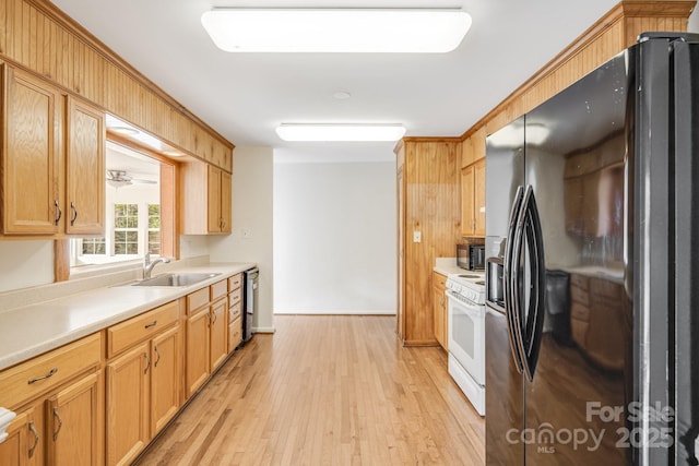 kitchen with black appliances, light wood-type flooring, and sink