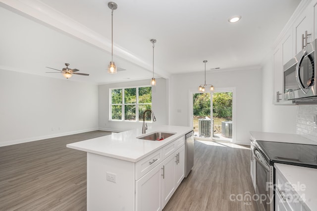 kitchen featuring white cabinetry, stainless steel appliances, sink, and an island with sink